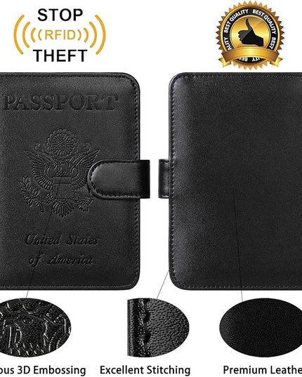 Passport Holder With Luggage Tag Cover Wallet RFID Blocking Leather Case Travel Essentials Accessories Travel Must Have(114#Black)