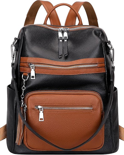 ALTOSY Genuine Leather Backpack Purse for Women Large Shoulder Bag With Laptop Compartment Multiple Pockets (S106 Black/Brown)