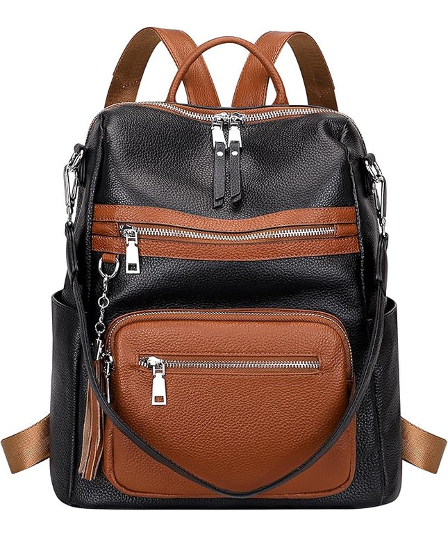 ALTOSY Genuine Leather Backpack Purse for Women Large Shoulder Bag With Laptop Compartment Multiple Pockets (S106 Black/Brown)