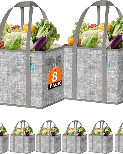 Fab totes Reusable Grocery Bags, Large Foldable Shopping Tote Bags with Reinforced Handles & Hard Bottom,Water Resistant Grocery Bags for kitchen,Picnic,8 Pack, Grey