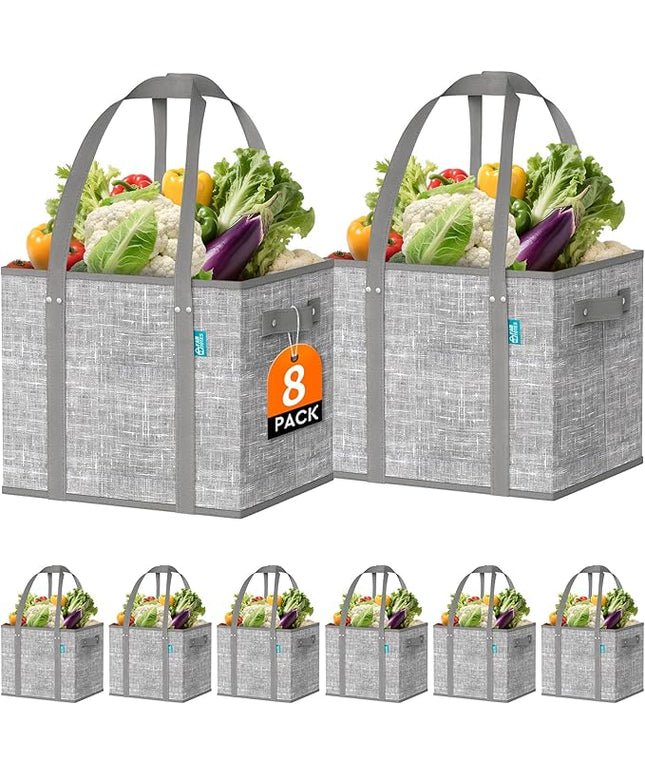 Fab totes Reusable Grocery Bags, Large Foldable Shopping Tote Bags with Reinforced Handles & Hard Bottom,Water Resistant Grocery Bags for kitchen,Picnic,8 Pack, Grey