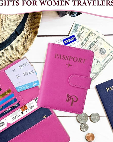 COSHAYSOO Initial RFID Passport Holder for Travel Women Passports Cover Case Air Essentials Airplane Flight Accessories Airline Plane Flying Must Haves Christmas Gift Butterfly Letter Hot Pink P