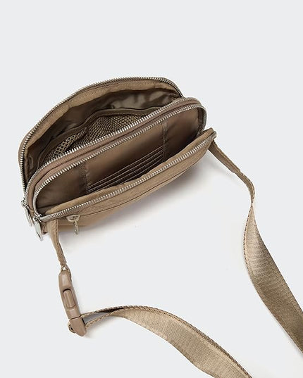 Pander Everywhere Belt Bag for Women, 5 Zipper Pockets Nylon Crossbody Fanny Pack Purse (Gray Brown)