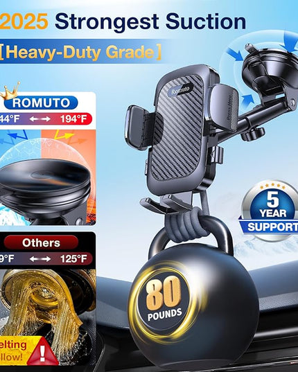 Romuto Phone Holders for Your Car Phone Holder Mount【Super Suction】Cell Phone Mount for Car Accessories for Women Men Windshield/Vent/Dashboard Pad Mount Truck Stand GPS Dash Holder for iPhone Samsung