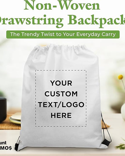 DISCOUNT PROMOS Custom Non-Woven Drawstring Backpacks Set of 10/50/100, Personalized Bulk Pack