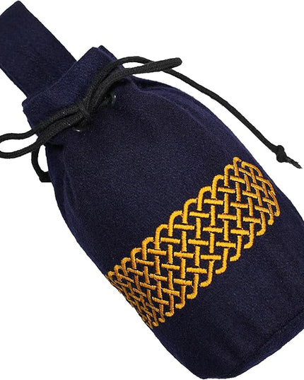 Mythrojan Drawstring Belt Pouch Renaissance Costume Accessories Medieval Woolen Celtic Embroidery Bag Jewelry Pouch Coin Purse for LARP, Festivals, Renfaire, Reenactments - Navy Blue, 8" x 6.5"