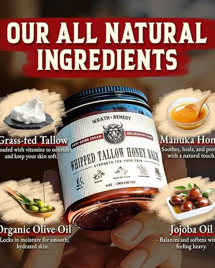 Organic Beef Tallow for Skin - 4 OZ (Vanilla) — Grass Fed Beef Tallow for face + Body — US-Made Whipped Tallow and Honey Balm Moisturizer for Dry and Sensitive Skin, Eczema, Rosacea (No Additives)