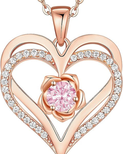 CDE Christmas Gifts for Women S925 Silver Rose Gold Heart Birthstone Necklaces for Women，Ideal Anniversary or Birthday Jewelry Gifts for Wife Girlfriend Her