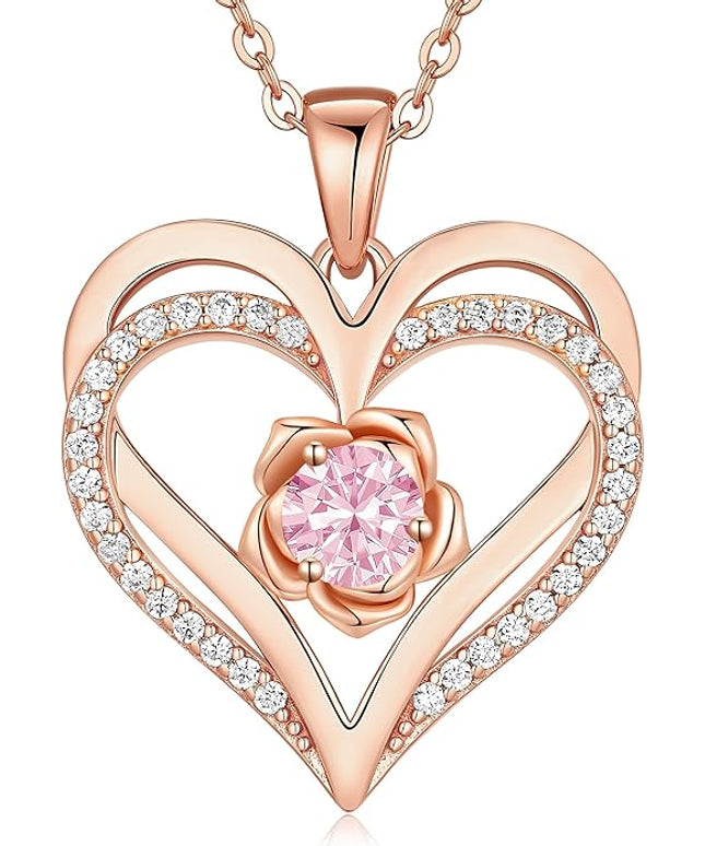 CDE Christmas Gifts for Women S925 Silver Rose Gold Heart Birthstone Necklaces for Women，Ideal Anniversary or Birthday Jewelry Gifts for Wife Girlfriend Her