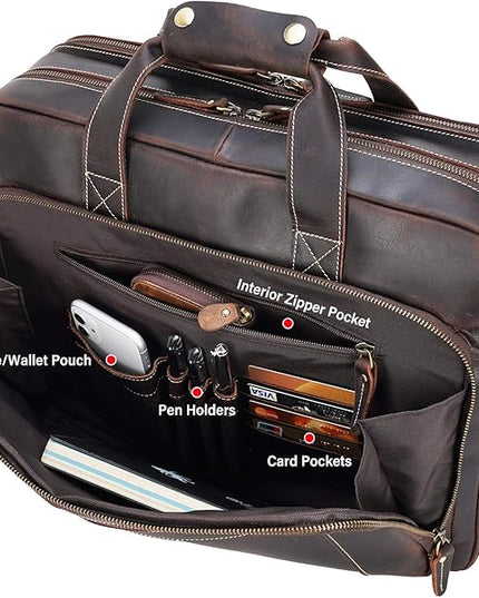 Men's Solid Thick Full Grain Leather 17.3" Laptop Briefcase Classic Messenger Bag Fit Business Travel | Solid, Thick, Full Grain Leather, 17.3", Classic, Fit, Business Travel