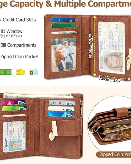 HUANLANG Small Wallets for Women Rfid Blocking Leather Bifold Credit Card Holder Ladies Wallet Zipper Pocket with ID Window
