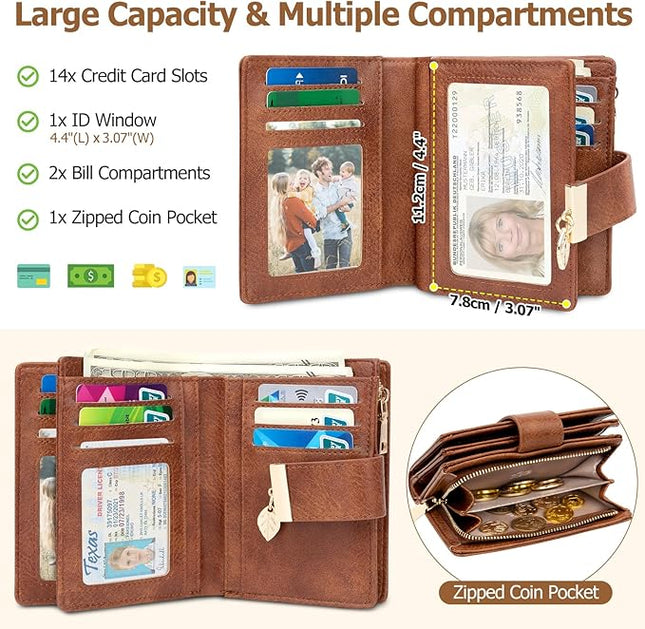 HUANLANG Small Wallets for Women Rfid Blocking Leather Bifold Credit Card Holder Ladies Wallet Zipper Pocket with ID Window