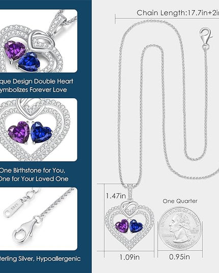 LOUISA SECRET Sparkling Double Heart Birthstone Necklaces for Women, 925 Sterling Silver Fine Jewelry, Pendant Heart Necklaces Birthday Anniversary Christmas Gift for Women Wife Mom Girlfriend Lady