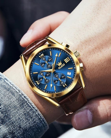 OLEVS Men's Chronograph Leather Watch, Big Face Easy to Read Analog Quartz Dress Watch, Casual Waterproof Luminous Hands Date Watches for Men, White/Blue/Black/Gold Dial