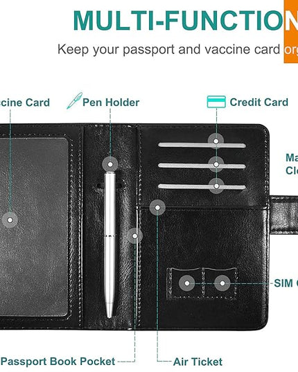 RSAquar Unisex Faux Leather Passport and Vaccine Card Holder Combo, Black, Slim and Lightweight with RFID Blocking Technology
