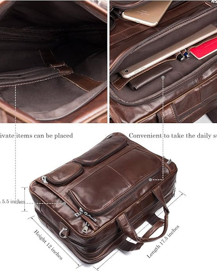 Augus Business Travel Briefcase Genuine Leather Duffel Bags for Men Laptop Bag fits 15.6 inches Laptop