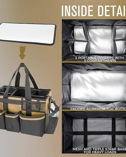 Wearable Cleaning Caddy Organizer with Handle & Shoulder Straps for Housekeepers, Under Sink & Car Cleaning Tool Organizer Bag with 4 Foldable Dividers (Tan)