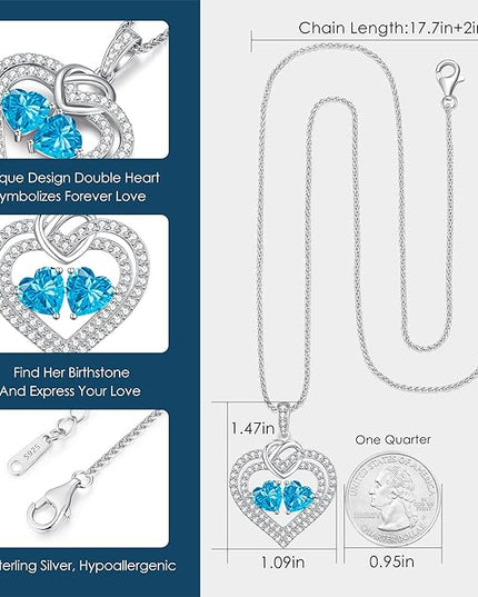 LOUISA SECRET Sparkling Double Heart Birthstone Necklaces for Women, 925 Sterling Silver Fine Jewelry, Pendant Heart Necklaces Birthday Anniversary Christmas Gift for Women Wife Mom Girlfriend Lady