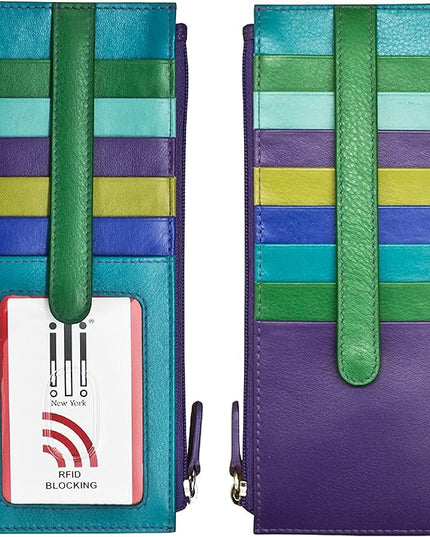 ili New York Long Double Sided Slim Wallet, RFID Blocking Card Holder with ID Window and Side Zip Pocket for Men and Women, Cool Tropics