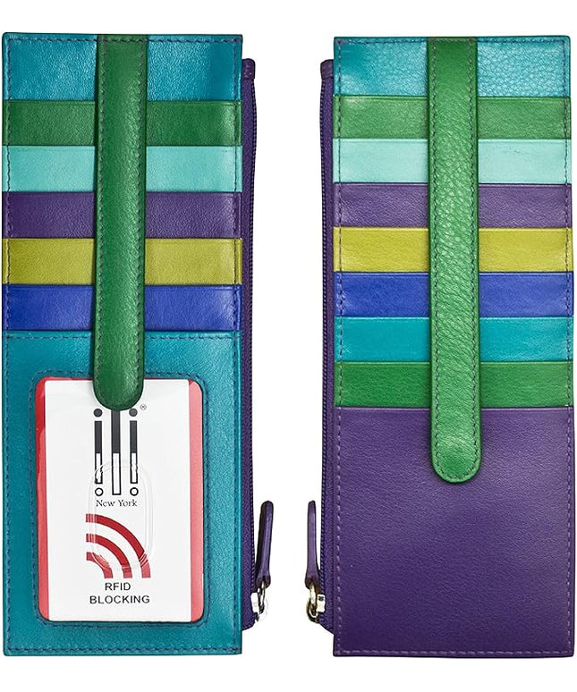 ili New York Long Double Sided Slim Wallet, RFID Blocking Card Holder with ID Window and Side Zip Pocket for Men and Women, Cool Tropics