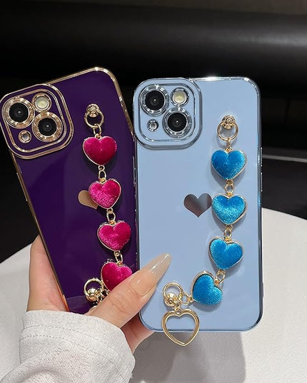 Caseative for iPhone 14 Case,Cute Plating Love Heart Wrist Strap Chain Bracelet Phone Case (Purple)