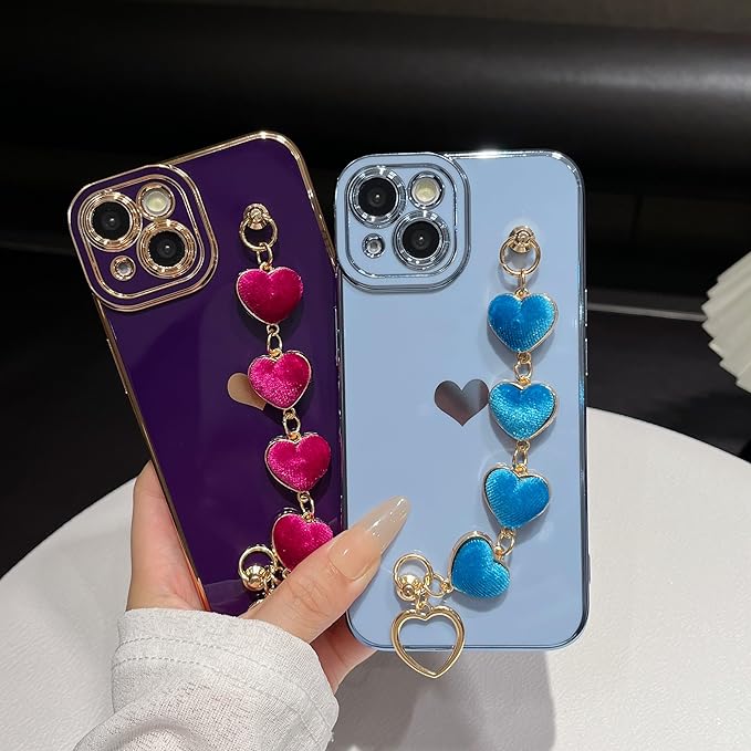 Caseative for iPhone 14 Case,Cute Plating Love Heart Wrist Strap Chain Bracelet Phone Case (Pink)