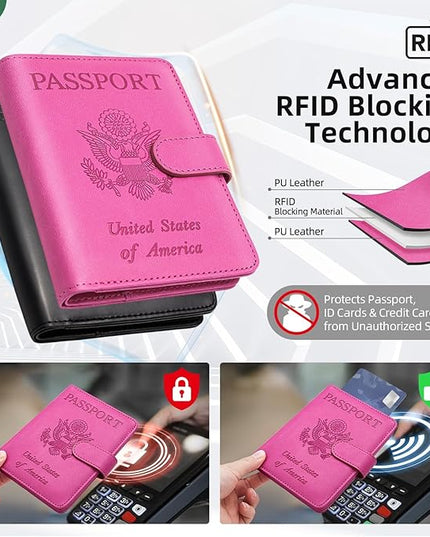 2 Pack Passport Holder for Travel with Slot for AirTag & Luggage Tag Cover, RFID Blocking Passport Holder for Women & Men | PU Leather Passport Cover with Pocket, Black & Pink