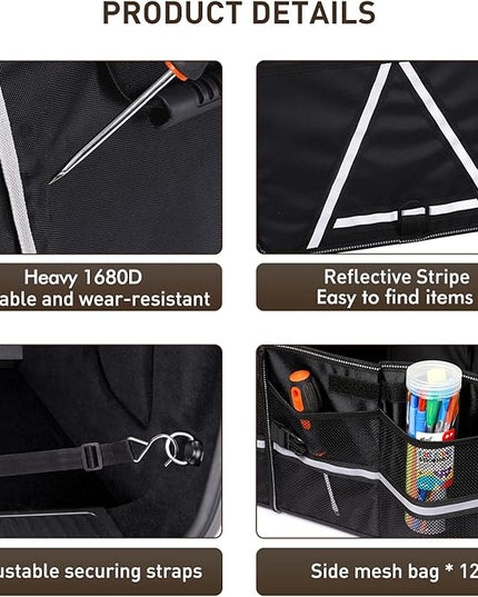 HIRALIY 4 in 1 Car Trunk Storage Organizer with Leakproof Cooler Bag, Multi-Compartment Foldable Trunk Storage Box for Car Truck SUV Black