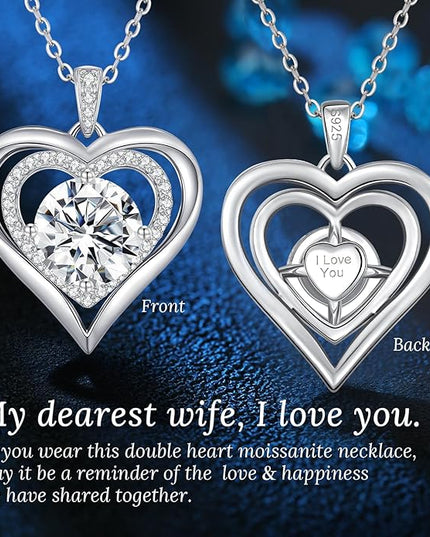 ANDSO Moissanite Heart Pendant Necklaces for Women, 925 Sterling Silver Necklace Engraved with 'I LOVE YOU', Ideal Anniversary Birthday Christmas Jewelry Gifts for Mom Wife Girlfriend Daughter Her