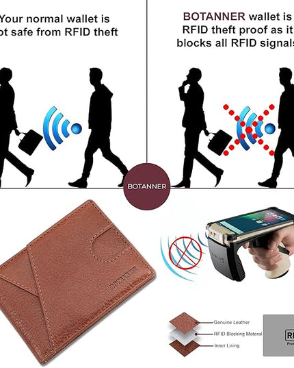 BOTANNER Genuine Leather Mens Bifold Wallet RFID Blocking 7 Credit Card Slots 1 ID Window 1 Section for Bills 2 Additional Slots | Tan