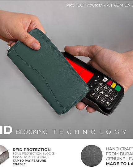 Oak Leathers Green Leather Wallet for Women - Medium RFID Womens Wallet Clutch with 8 Credit Card Holder, Coin Pocket, Gift for Women’s