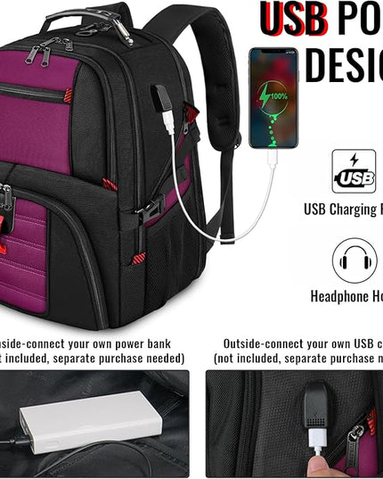 YOREPEK Travel Backpack, Extra Large 50L Laptop Backpacks for Men Women, Water Resistant College Backpack Airline Approved Business Work Bag with USB Charging Port Fits 17 Inch Computer, Purple