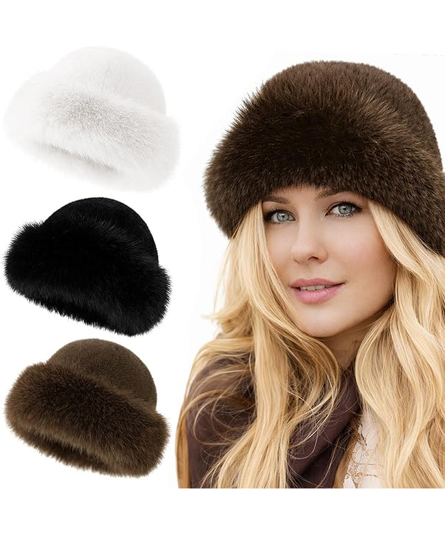 3 Pieces Women’s Faux Fur Bucket Hat Winter Warm Plush Furry Hat – Soft Fluffy Cold Weather Hat for Outdoor Travel