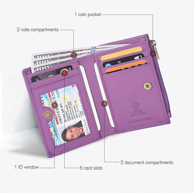 Oak Leathers Leather Wallet For Women - Small RFID Coin Purse Credit Card & ID Holder for Ladies, Gift for Women's, Bifold Wallets (Nappa Lilla)