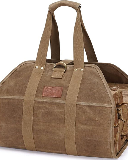 INNO STAGE Canvas Wood Carriers Fire Wood Log Tote Bag, Waxed Canvas Hay Hauling for Fireplace, Round Woodpile Carrying for Tubular Stand by Hearth Stove or Outdoor Camping