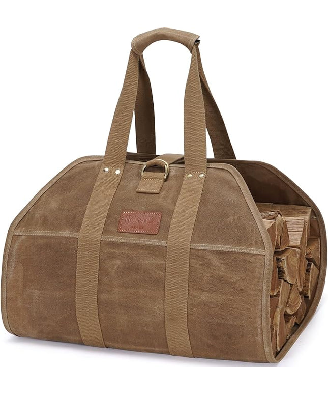 INNO STAGE Canvas Wood Carriers Fire Wood Log Tote Bag, Waxed Canvas Hay Hauling for Fireplace, Round Woodpile Carrying for Tubular Stand by Hearth Stove or Outdoor Camping
