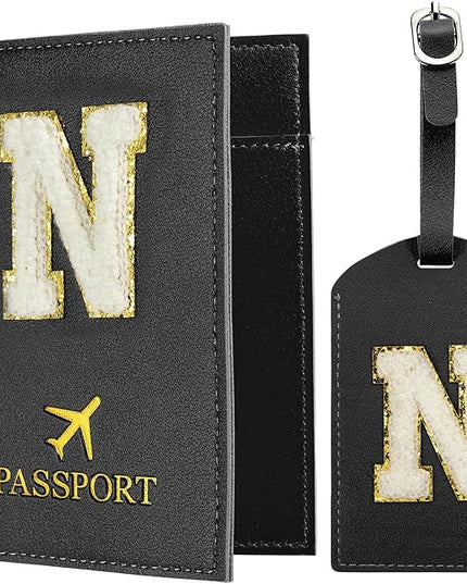 PATIKIL Passport Holder for Travel, Initial Passport Cover and Luggage Tag Set with Alphabet Chenille Letter Patch Travel Wallet Bag Suitcase Identifier for Women Family Travel Black N