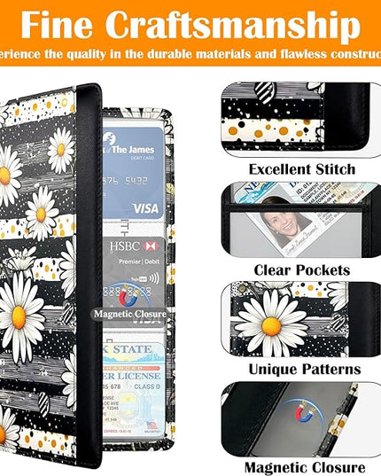 Car Registration and Insurance Holder with Magnetic Closure, Universal Document Organizer for License, Insurance Cards & Glove Box Storage (Daisy)