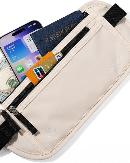 Money Belt - Slim Passport Holder RFID Blocking Travel Wallet Undercover Fanny Packs for Men Women - Beige