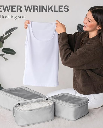 Aerotrunk Compression Packing Cubes for Travel - Luggage Organizer Bags - Double Zipper Packing Cubes for Suitcases (4-Pack, Light Grey)