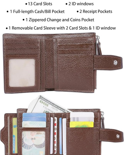 AINIMOER Women's RFID Blocking Leather Small Compact Bi-fold Zipper Pocket Wallet Card Case Purse with id Window