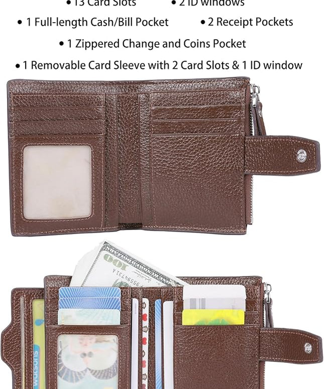 AINIMOER Women's RFID Blocking Leather Small Compact Bi-fold Zipper Pocket Wallet Card Case Purse with id Window