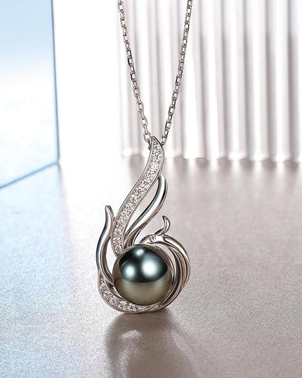 Tahitian Black Pearl Necklaces for Women 10-11mm - Pearl Necklace Phoenix Pendant | with 925 Sterling Silver 18" Chain - Christmas Mothers Day Valentine's Day Gifts For Women Wife Mom Grandma Girlfriend Daughter Her Best Friend Birthday Anniversary Fin...