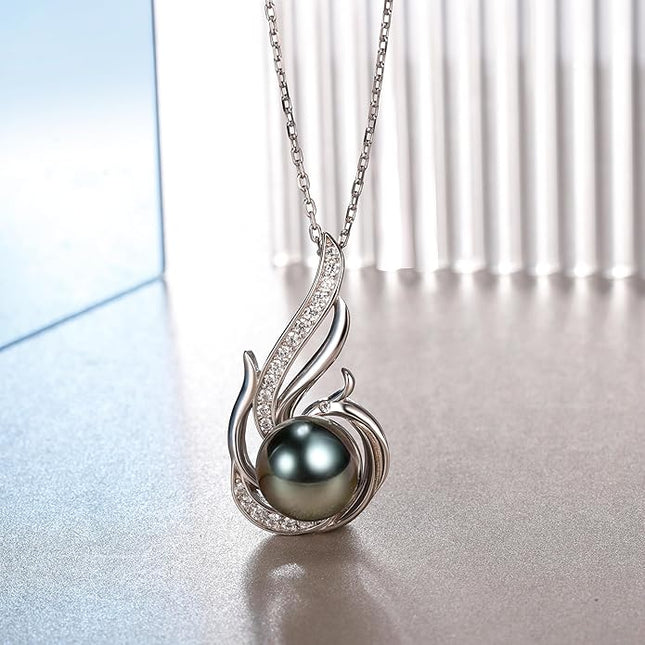 Tahitian Black Pearl Necklaces for Women 10-11mm - Pearl Necklace Phoenix Pendant | with 925 Sterling Silver 18" Chain - Christmas Mothers Day Valentine's Day Gifts For Women Wife Mom Grandma Girlfriend Daughter Her Best Friend Birthday Anniversary Fin...