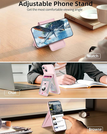 For Magsafe Wallet with Airtag Holder, Strong Magnetic Wallet for iPhone 17/16/15/14/13/12 Series, for iPhone Walletwith Adjustable Stand, ID Window, 4 Card Slots, 10 Cards Holder, Vegan Leather, Pink