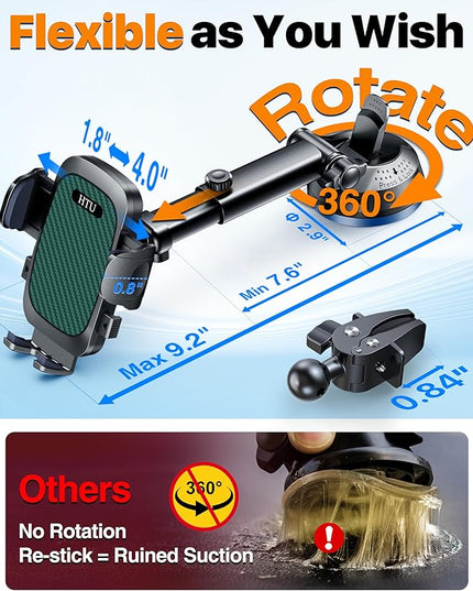 HTU 2026 Ultimate Best【True Military-Grade & Safety Cert】Car Phone Holder【Upgraded 360 Rotation & 100+LBS Strongest Suction】5-in-1 Truck Windshield Dashboard Vent Mount Stand for iPhone Android, Green