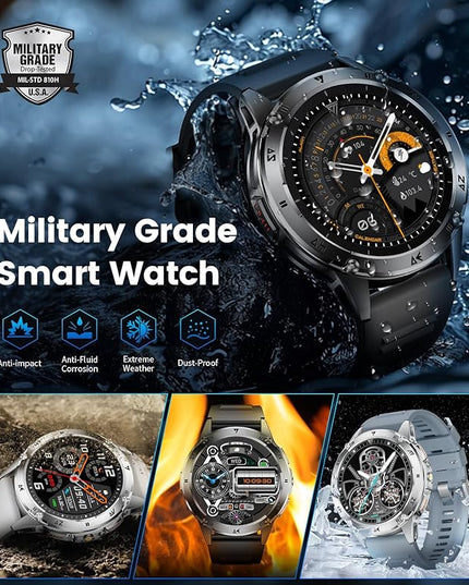 LIGE Military Smart Watch for Men iPhone Android 1.43" HD Amoled Rugged 120+ Sport Modes IP68 Waterproof Answer/Make Call Fitness Running Heart Rate Blood Pressure Health Mens Smartwatch EF6-E