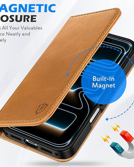 SHIELDON Case Wallet for iPhone 17 Pro 6.3-inch | Genuine Leather | Book Desgin | RFID Blocking Credit Card Slots | Magnetic Closure | Shock Absorbing Phone Cover | 2025 | Retro Light Brown