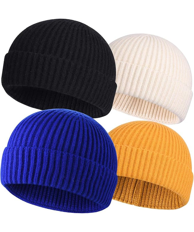 ROYBENS 4 Pack Wool Fisherman Beanies for Men, Knit Short Watch Cap Winter Warm Hats
