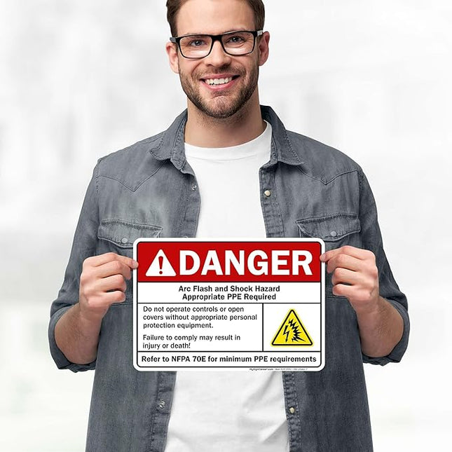 Danger Arc Flash And Shock Hazard Appropriate PPE Required Sign, 10x7 Inches, 4 Mil Vinyl Decal Stickers Weather Resistant, Made in USA by My Sign Center